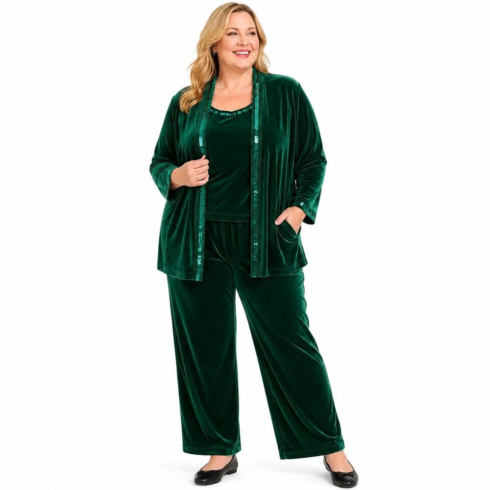 Quacker Factory Women’s 3X Emerald Green Stretch Velvet 3 Pc Lounge Set Sequin